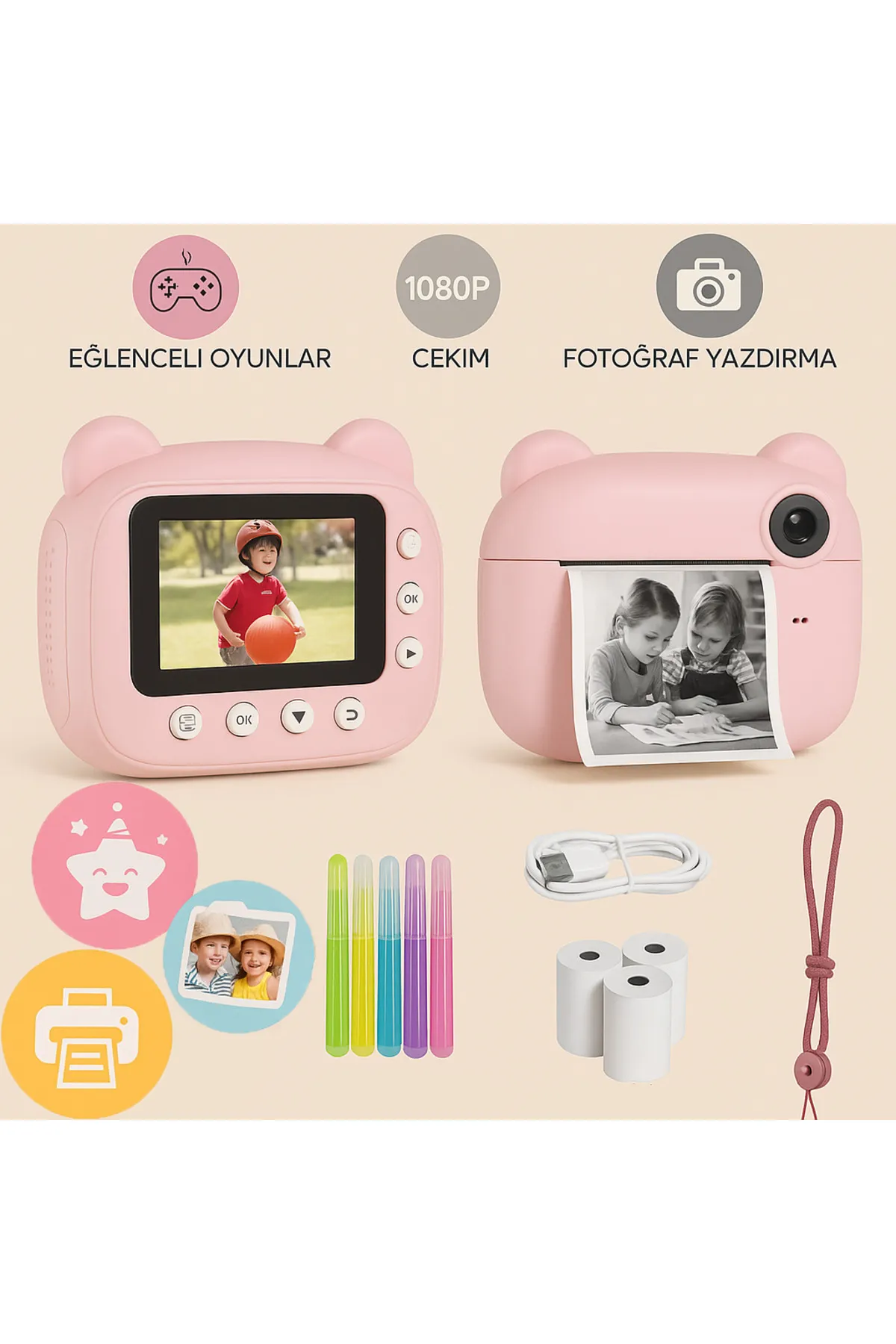 Torima Cmr14 Pembe Dijital Video Fotoğraf Çocuk Kamerası Anlık Termal Resim Kağıt Baskılı Yazıcı